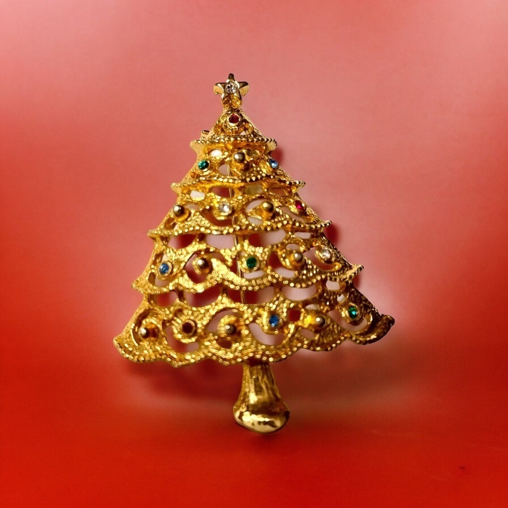 Brooch, Vintage Christmas Tree by JJ Jonette, 80’s, Gold-Tone, Red & Gre…
